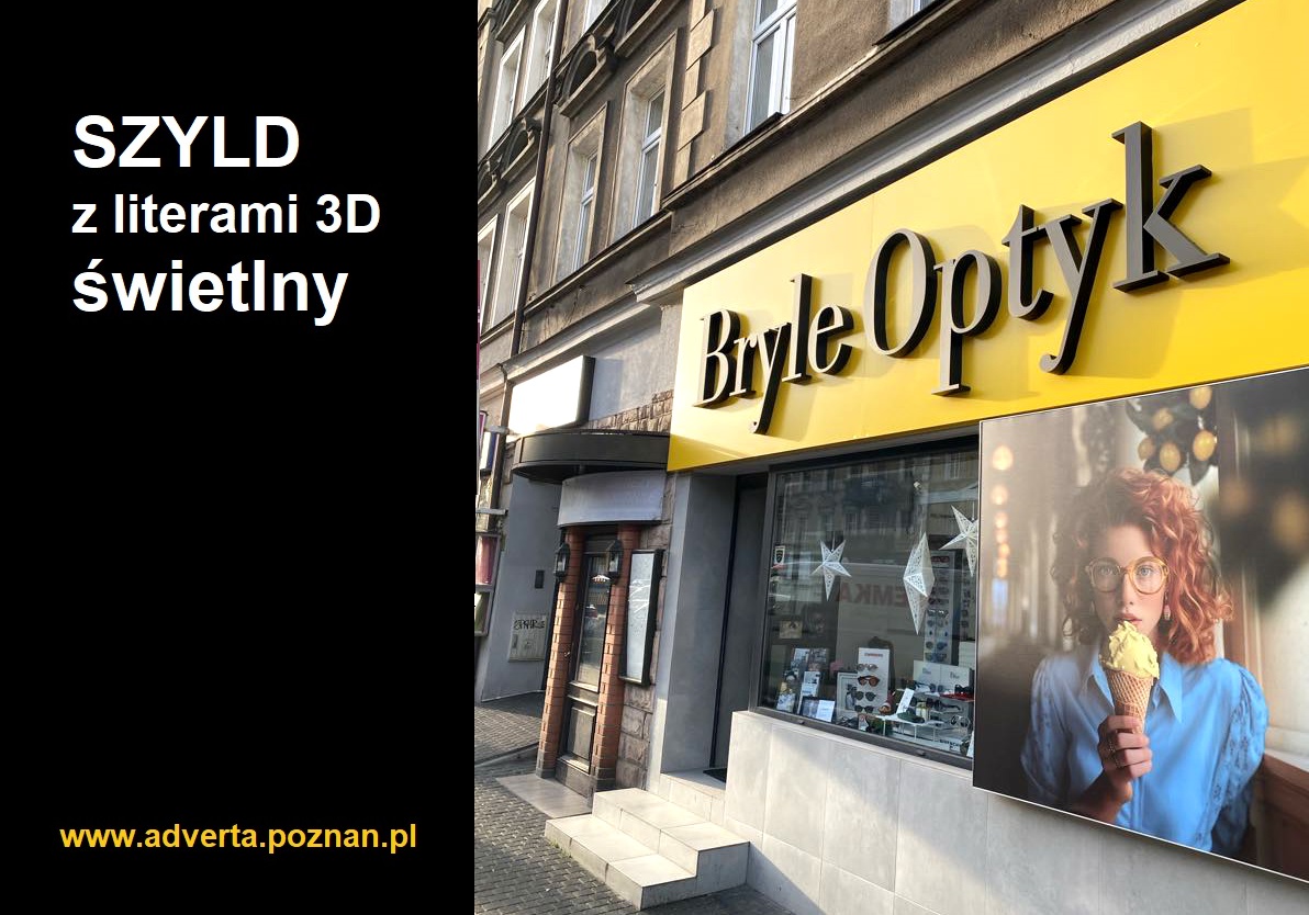 Szyld w postaci panelu i liter 3d świetlnych dla optyka w Poznaniu.